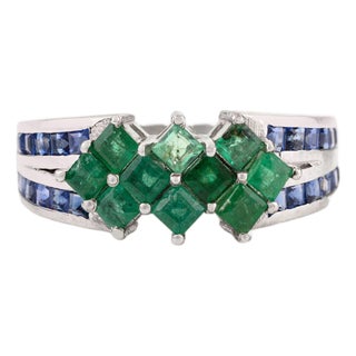 Art Deco 925 Silver Sqaure Emerald & Sapphire Cluster Band Ring Anniversary Gift - Size 7 For Sale