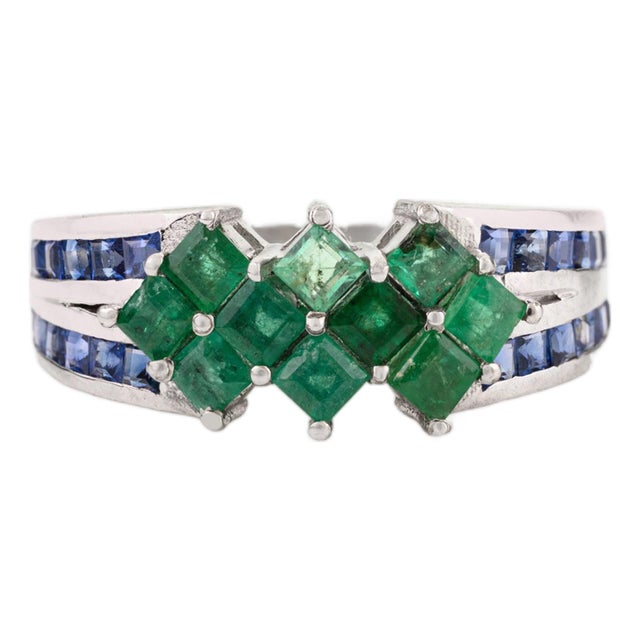 Art Deco 925 Silver Sqaure Emerald & Sapphire Cluster Band Ring Anniversary Gift - Size 7 For Sale