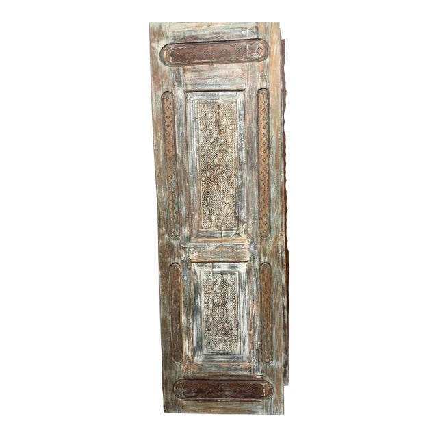 Vintage Hand-Carved Wooden Door | Rustic Farmhouse Hinged or Barn Door 96x30 For Sale