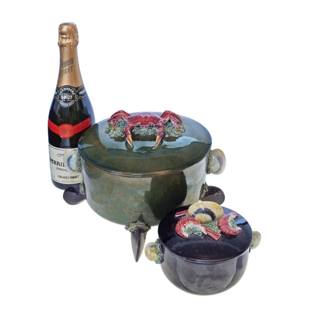 Olive Green Majolica Crab Lidded Serving Tureen Portugal Palissy Ware Coastal Decor A hard-to-find and wonderfully...