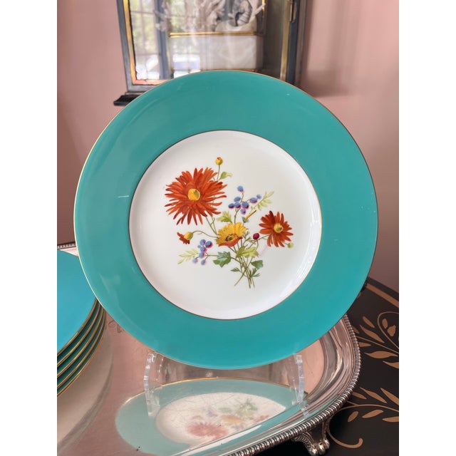 Aqua 1940s Rare Set of Hand-Painted Minton Floral Dinner Plates With Aqua Band and Gilt Rim // Signed by Artist J Colclough // Set of 9 For Sale - Image 8 of 12