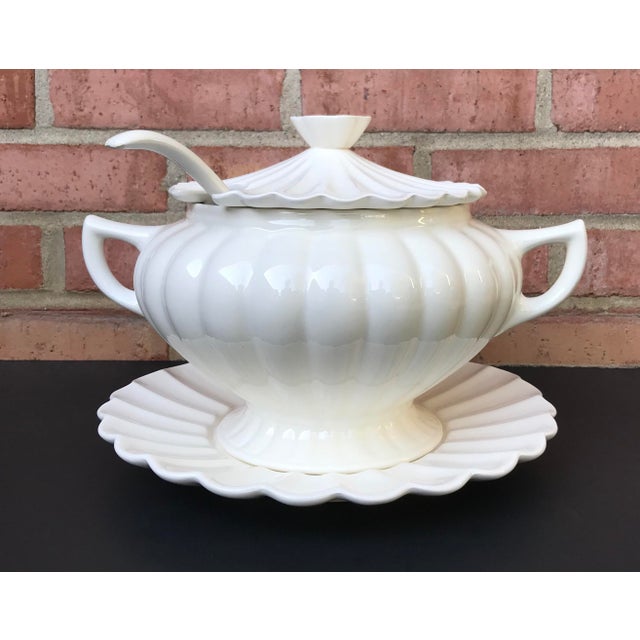 Vintage White Pagoda Shaped Soup Tureen With Ladle and Underplate Set