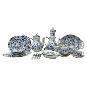19th Century Dutch Blue Onion Tableware attributed to Louis Regout Maastricht, Set of 36