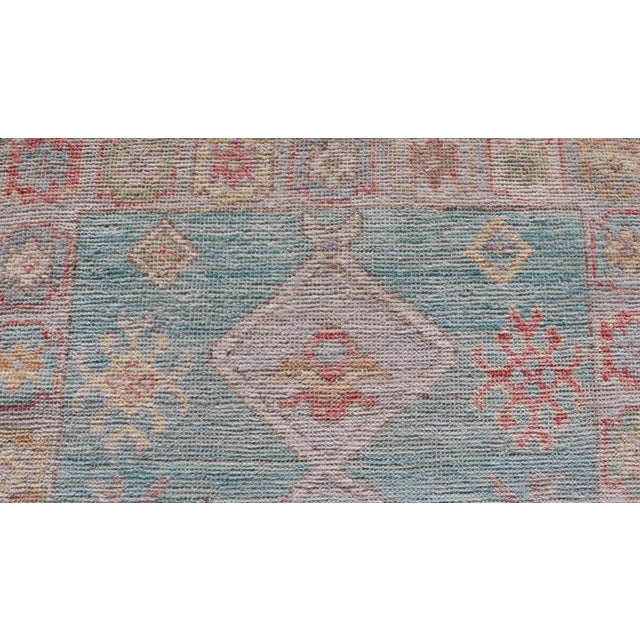 Modern Small Oushak Runner With Teal-Blue Background and Medallion Motif For Sale - Image 11 of 11