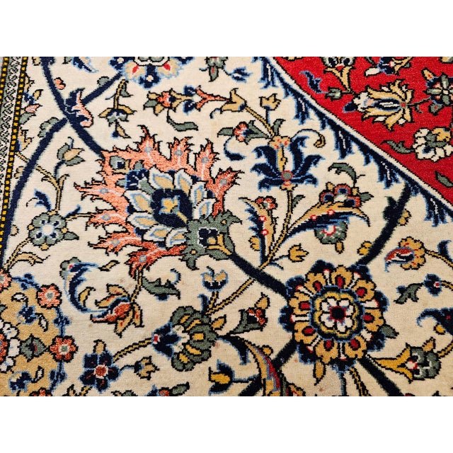 Vintage Qum Area Rug, Hand-Knotted Wool & Silk, Floral Medallion Pattern, 5x7, Ivory & Red For Sale - Image 18 of 18