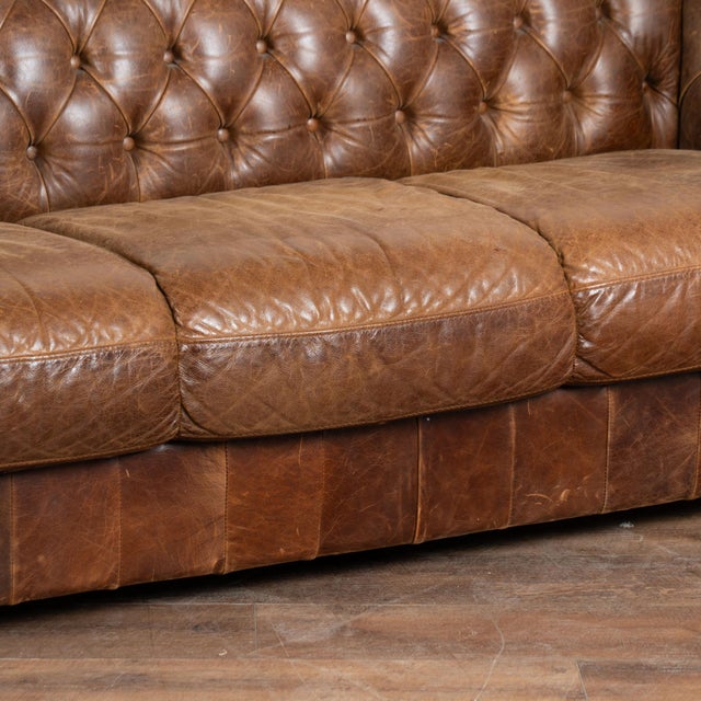 20th Century English Vintage Brown Leather Chesterfield Three Seat Sofa For Sale - Image 10 of 14