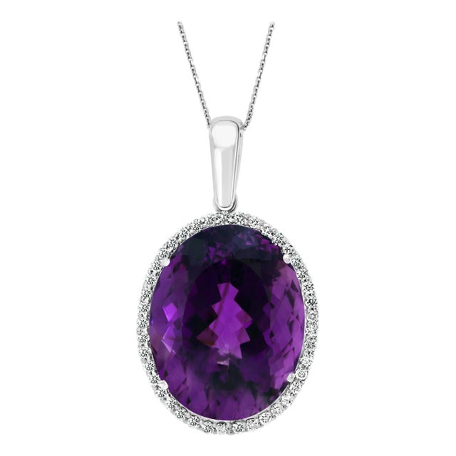 68 Carat Amethyst & 2.2 ct Diamond Pendant Necklace 14 Karat White Gold + Chain For Sale