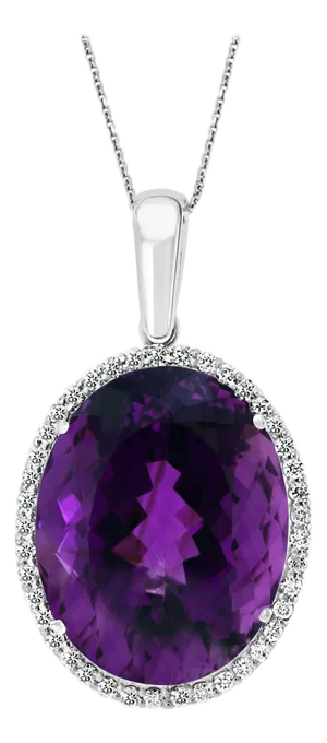 68 Carat Amethyst & 2.2 ct Diamond Pendant Necklace 14 Karat White Gold + Chain
