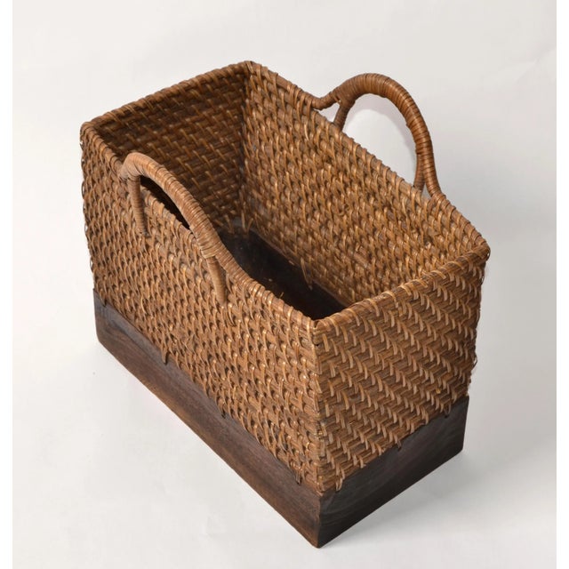 Anglo Indian 1970s Handmade Wood Reed Split Oak Firewood Basket Holder Woven Handles For Sale - Image 4 of 12