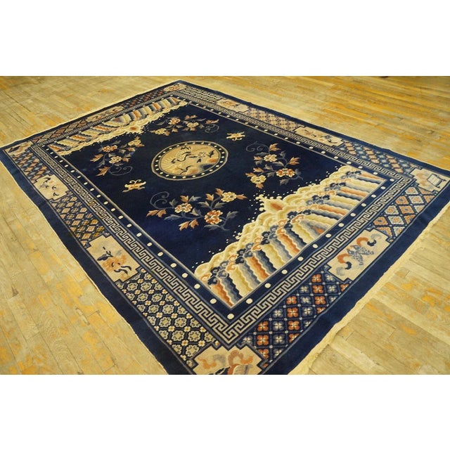 Chinese 1920s Navy Blue Birds Medallion Antique Chinese Peking Carpet 6' 1'' X 9' Knotted Wool Rug For Sale - Image 3 of 12