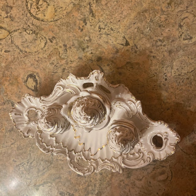 Fabulous 19th Century Gilt Porcelain Rococo Inkwell with Pen Tray & scroll lids with roses. French. Italian. Old Paris....