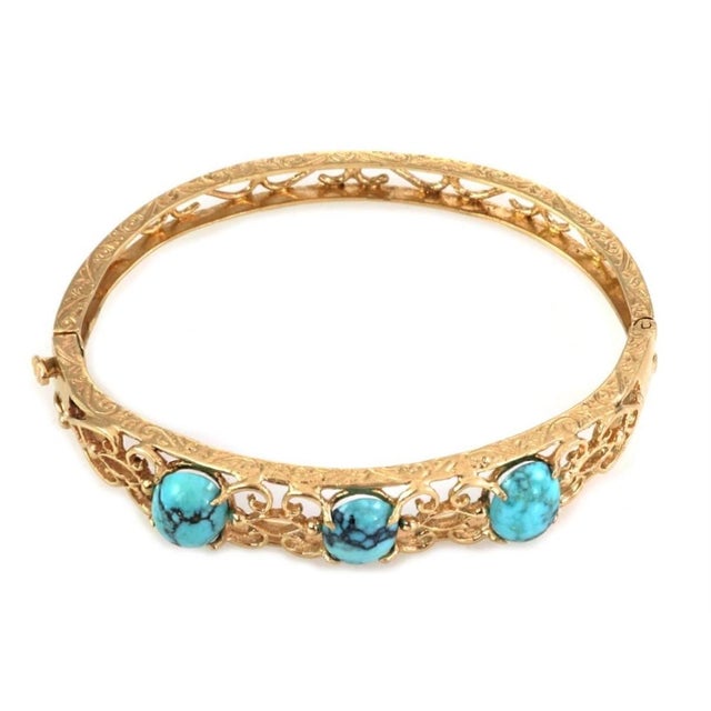 Mid 20th Century Turquoise 14k Yellow Gold Fancy Scroll Design Hinged Bracelet For Sale - Image 4 of 5