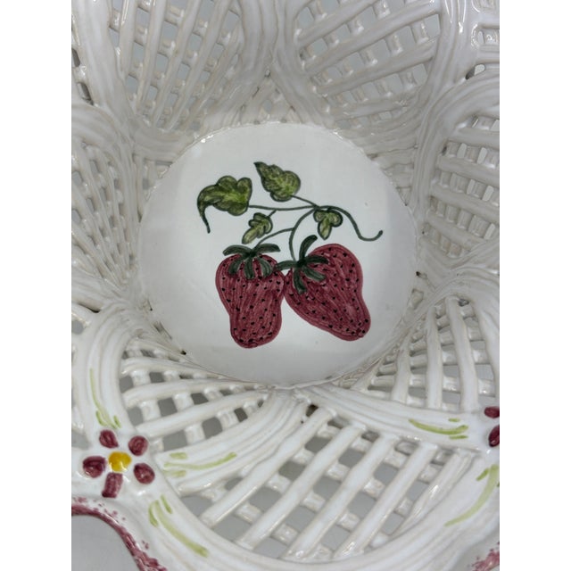 Mid 20th Century Vintage Ceramic Reticulated White and Pink Decorative Bowl With Raspberries Made in Portugal For Sale - Image 5 of 7