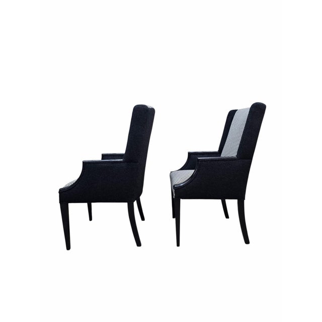 Black Vintage Wingback Style Wood Black Lacquer Frame Armchairs Newly Reupholstered - Pair For Sale - Image 8 of 12