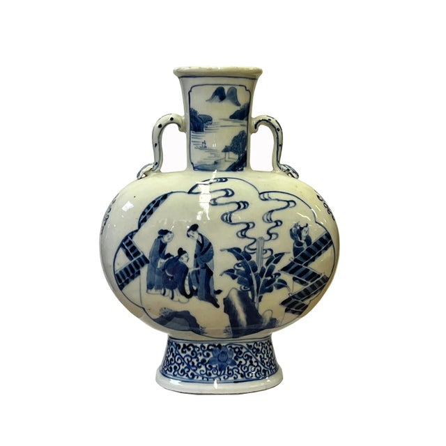 Chinese Blue White Porcelain Oval Flat Body People Theme Vase For Sale In San Francisco - Image 6 of 6