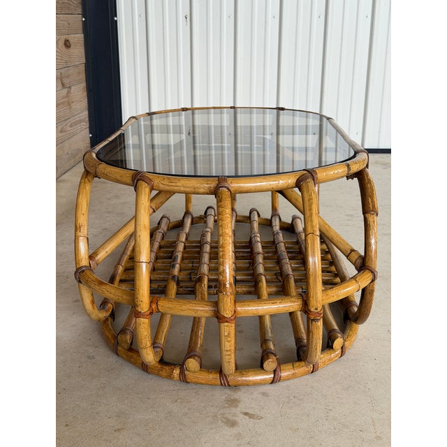 Camel Vintage Coastal Sculptural Rattan Coffee Table With Original Smoked Glass Top For Sale - Image 8 of 12