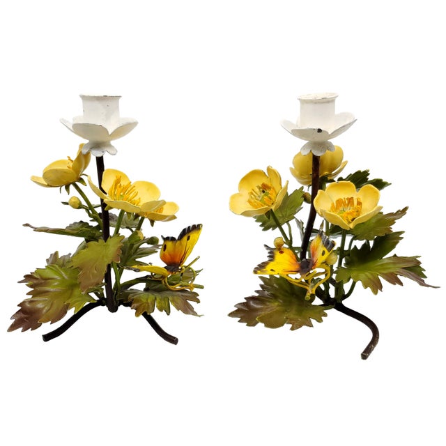 Contemporary Candlesticks Tole Painted Metal Butterflies & Flowers 1960s Italy For Sale - Image 3 of 12