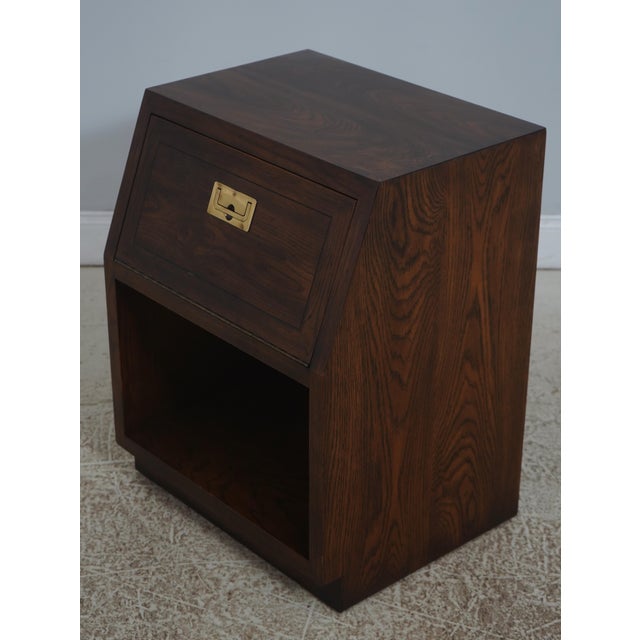 Campaign Pair of Henredon Oak Campaign Style Drop Front Nightstands For Sale - Image 3 of 18