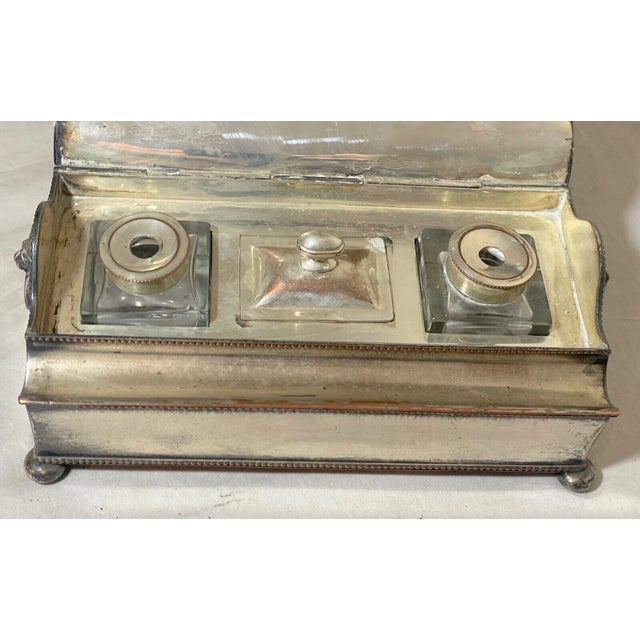 Antique 19th Century Silverplated Copper Glass Jar Desk Inkwell Stand Holder For Sale - Image 13 of 16