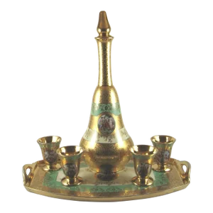 1930s Le Mieux China Gold Encrusted Hand-Painted 7-Piece Porcelain Decanter Set