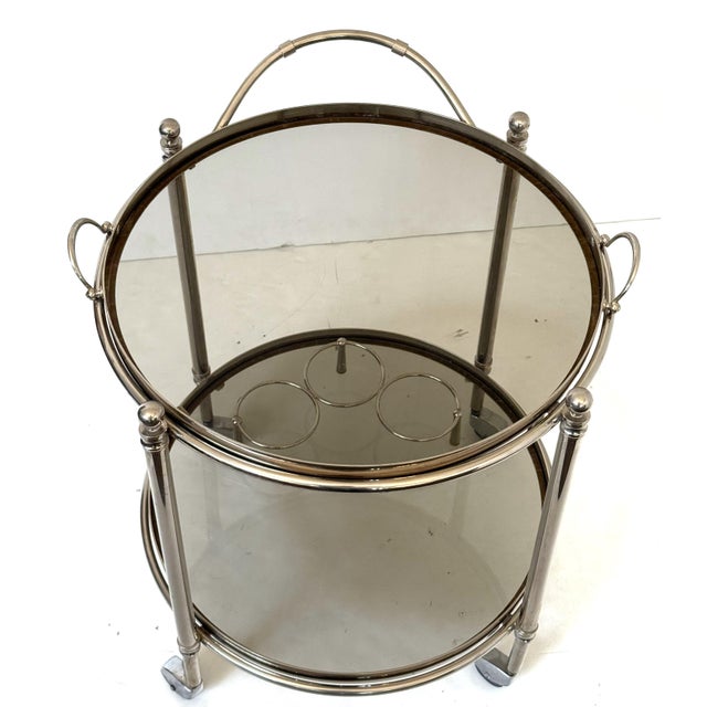 Mid-Century Modern Polished Chrome Drinks Trolley or Bar Cart With Smoked Glass Trays From England For Sale - Image 3 of 11