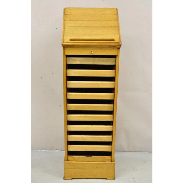 Antique Arts & Crafts Oak & Maple Tambour Shutter Door Lectern Filing Cabinet For Sale - Image 9 of 12