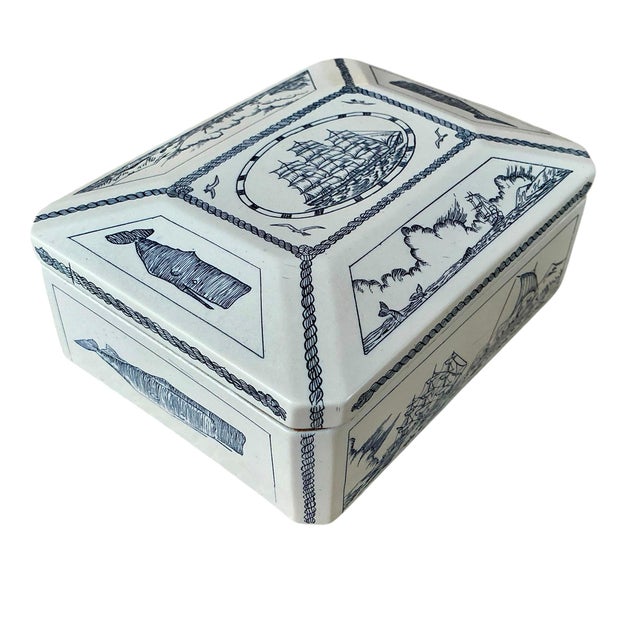 Faux scrimshaw Lidded Dish With Whale Motif. Maker’s mark at bottom of the box. Made in Great Britain. Scrimshaw is a type...