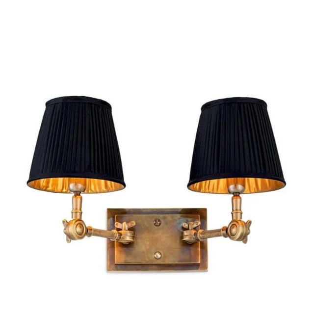 Vintage Brass Metal Double Wall Lamps with Black Fabric Shades, Set of 2 For Sale - Image 3 of 7