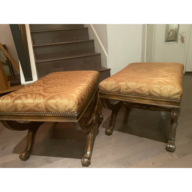 Here you have a rare and iconic pair of original Michael Taylor d'Orsay benches. The carved alder wood frames are hand-...