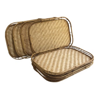1960s Tiki Bamboo Rattan Serving Trays -- Set of 8 For Sale