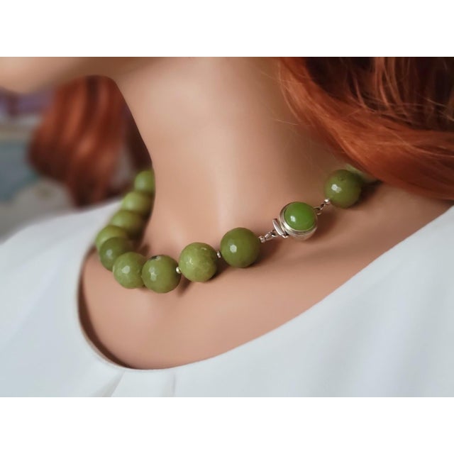 Natural Olive Jade Beaded Necklace With Jade Clasp For Sale In Cleveland - Image 6 of 7