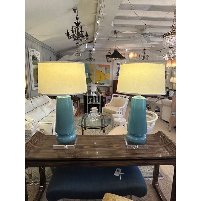 Cerulean Large Cerulean Blue Ceramic Pottery Table Lamps -a Pair For Sale - Image 8 of 10