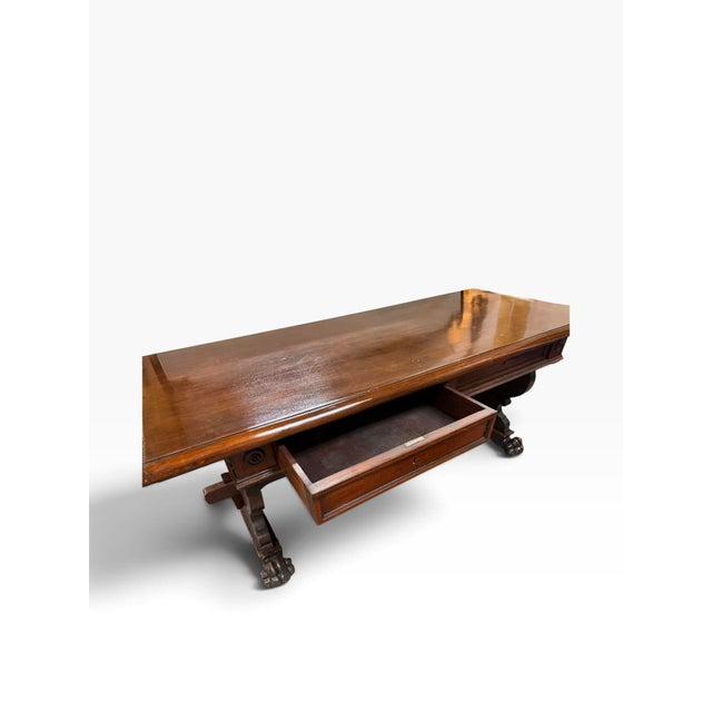 Antique Italian Carved Walnut Trestle Library Dining or Writing Table - Paw Feet For Sale - Image 13 of 15