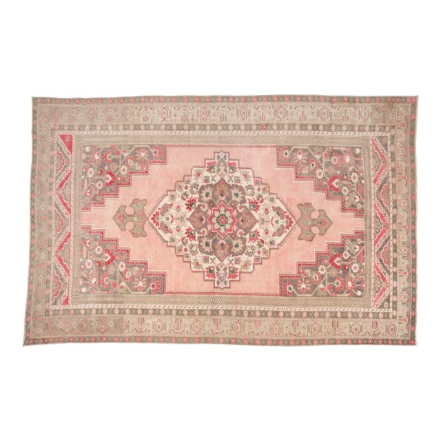 Vintage Turkish Area Rug, 9'9" X 5'4" Hand-Knotted Floral Oushak Carpet, Soft Pink and Taupe Decorative Wool and Cotton Blend Rug For Sale