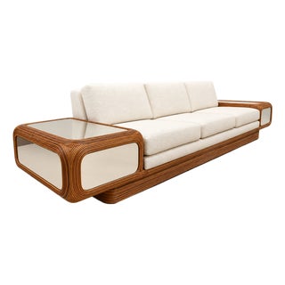 1970s Large Designer Sofa With Floating Side Tables, Split Pencil Reed For Sale