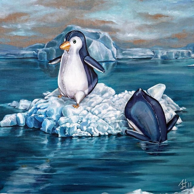 Sofía Cristina Jiménez, Inflatable Emperor Penguin Chicks on a Small Iceberg Landscape, Acrylic Painting, 2023 For Sale - Image 11 of 11