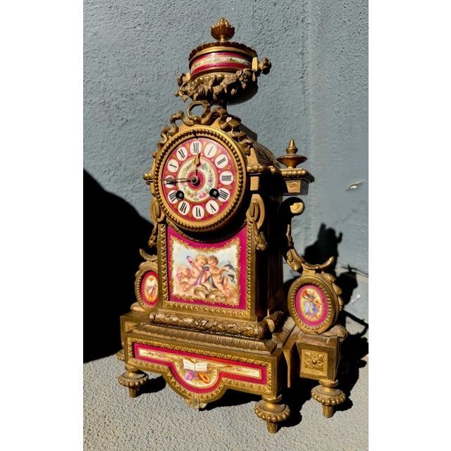 19th Century French Gilt Mantel Clock With Red Sevres Style Porcelain For Sale - Image 15 of 16