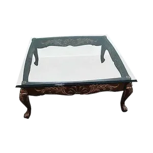 Solid Mahogany French Style Carved & Gilded Glass Top Coffee Table