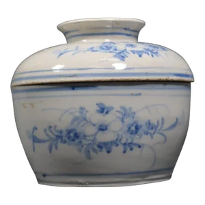 Antique Covered Porcelain Pot With Blue Cama Decoration of Flowers and Foliage