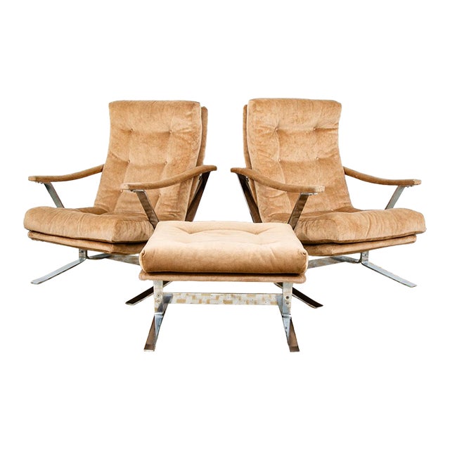 Mid Century Danish Modern Lounge Chairs Set Tufted Metal Ottoman Pair Tan Arm 2 For Sale