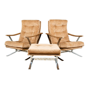 Mid Century Danish Modern Lounge Chairs Set Tufted Metal Ottoman Pair Tan Arm 2