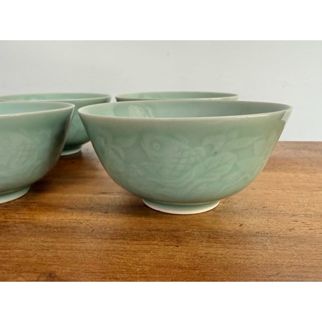 Mid 20th Century Vintage Chinese Celadon Rice Bowls With Lotus and Carp Motif - Set of 4 For Sale - Image 5 of 8