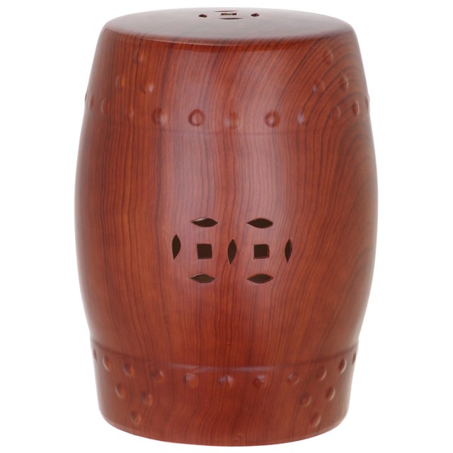 Indoor Ceramic Garden Stool in Red Faux Wood Finish For Sale - Image 4 of 4