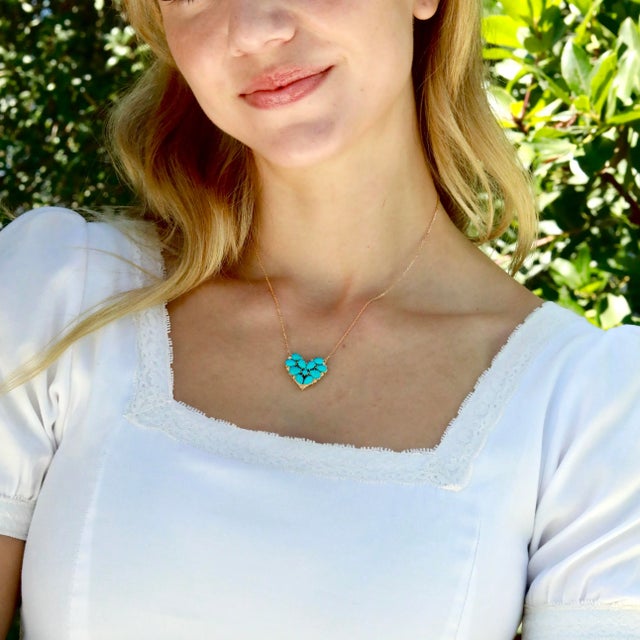 Turquoise Nina Zhou Fantasy 4.40ctw Turquoise Heart Pendant Necklace in 14k Yellow Gold For Sale - Image 8 of 8