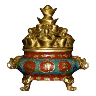 Cloisonne Enamel Incense Burner, Gilded Yuanbao Lid & Dragon Handles, Chinoiserie Wealth Motif Censer For Sale