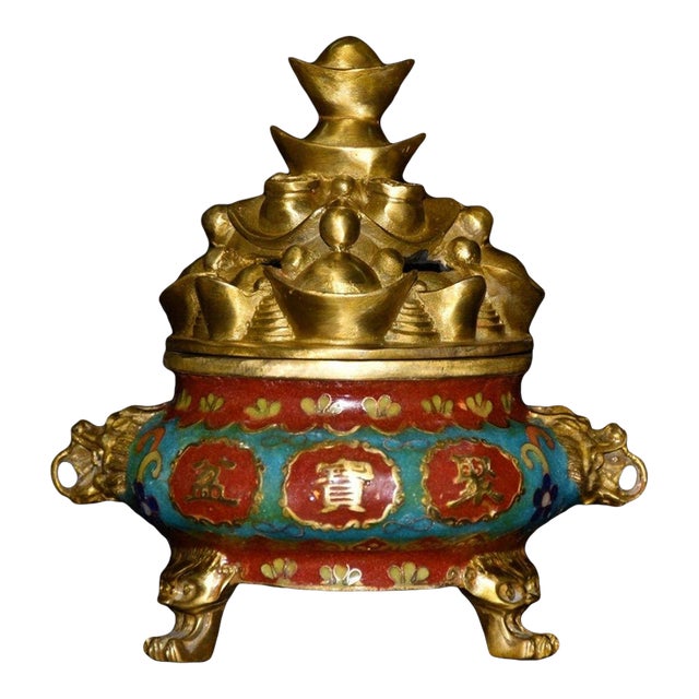 Cloisonne Enamel Incense Burner, Gilded Yuanbao Lid & Dragon Handles, Chinoiserie Wealth Motif Censer For Sale