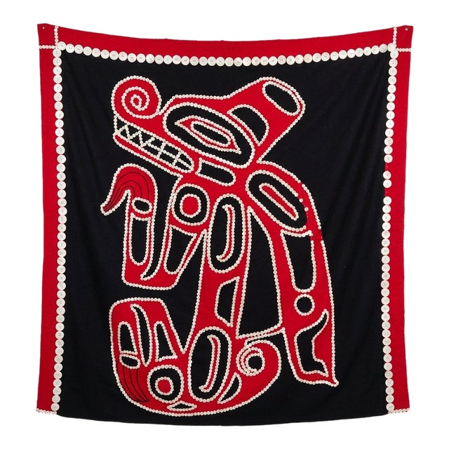 Museum Exhibited 1920s Native American Child's Button Blanket | Northwest Coast Wolf Crest Regalia | Smithee Collection Nacre Wool Robe For Sale