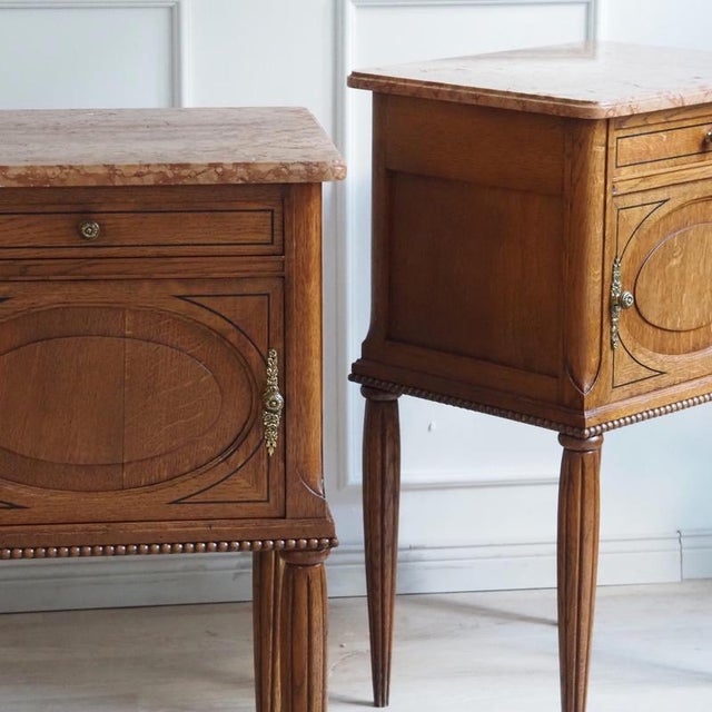 Antique Louis XVI Style Bedside Tables in Oak and Marble, 1920, Set of 2 For Sale - Image 6 of 17