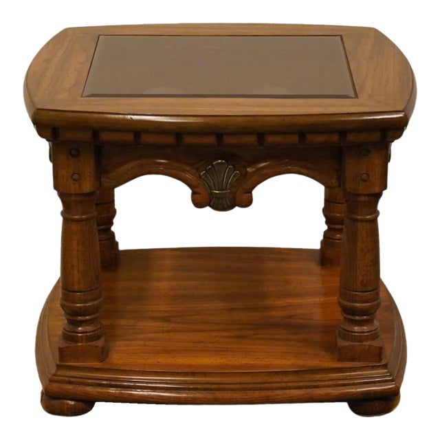 Gordon's Furniture Solid Walnut Rustic European Style 24x25" Wheat Motif Accent End Table W. Glass Top For Sale