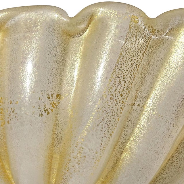 Barovier & Toso Vintage Barovier Toso Murano White Gold Flecks Italian Art Glass Flared Scallop Rim Curled Sides Bowl For Sale - Image 4 of 7